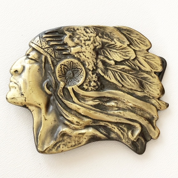 unmarked Other - VTG Native American Chief Head Belt Buckle Brass